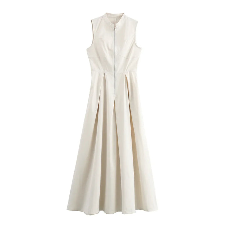 Tailored A-Line Maxi Dress with Front Zipper Closure - Adriana