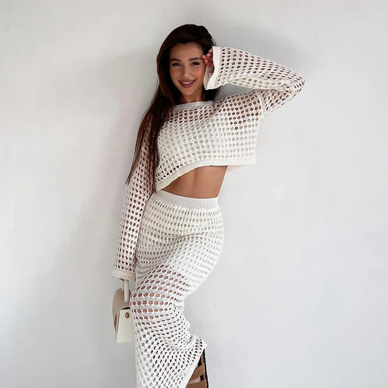 Two-Piece Crochet Mesh Set with Maxi Skirt and Crop Top - Blanca