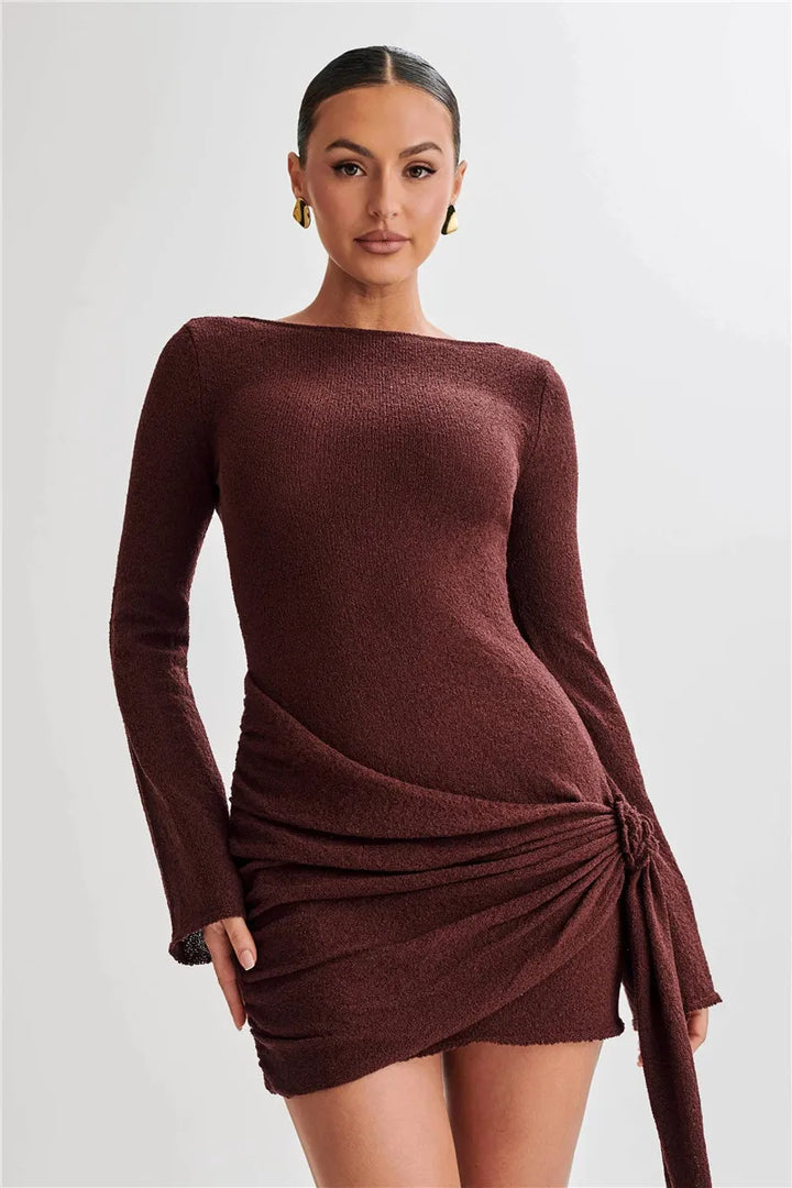 Knitted mini dress with flower and train design and open back - Malia