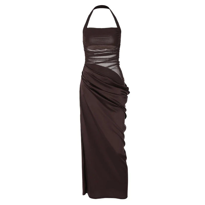 Satin Maxi Dress with Gathered Mesh Top and Open Back - Arya