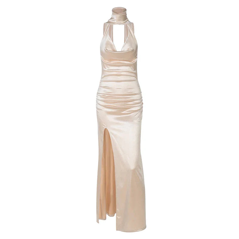 Open Back Satin Maxi Dress with Slit and Matching Scarf Decoration - Felicia