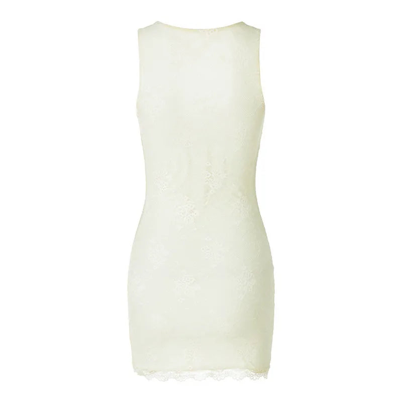 Fitted mini dress with lace, floral embroidery, and small slit - Neil