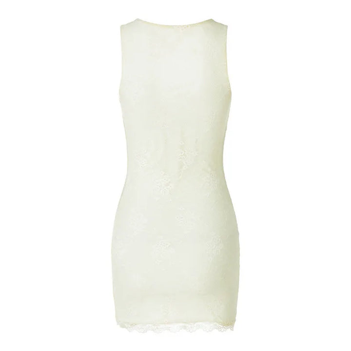 Fitted mini dress with lace, floral embroidery, and small slit - Neil