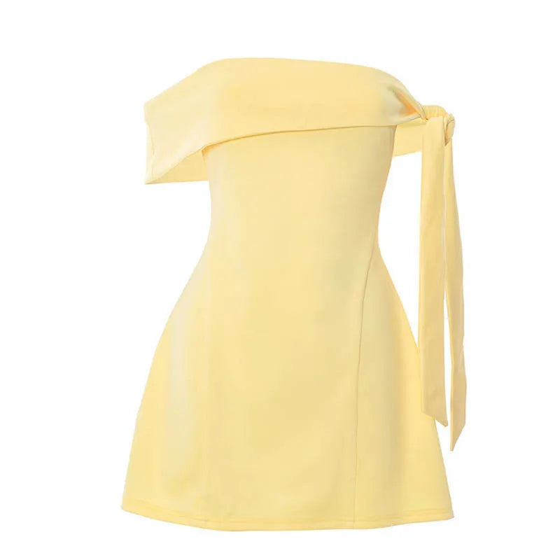 Mini A-line dress with bare shoulders decorated with tie - Sheli