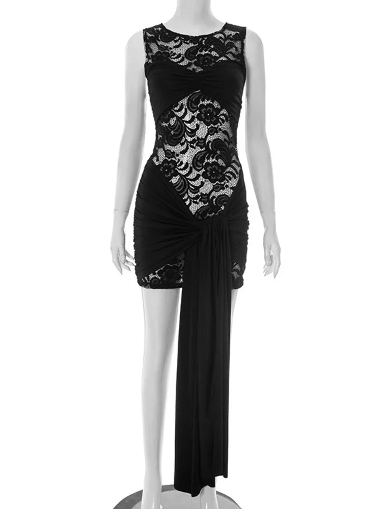 Lace mini dress decorated with trailing tie - Karin