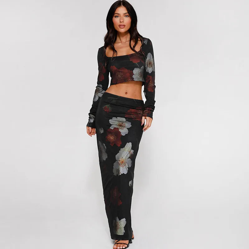 Elegant Floral Set: Maxi Skirt and Blouse - Malvina