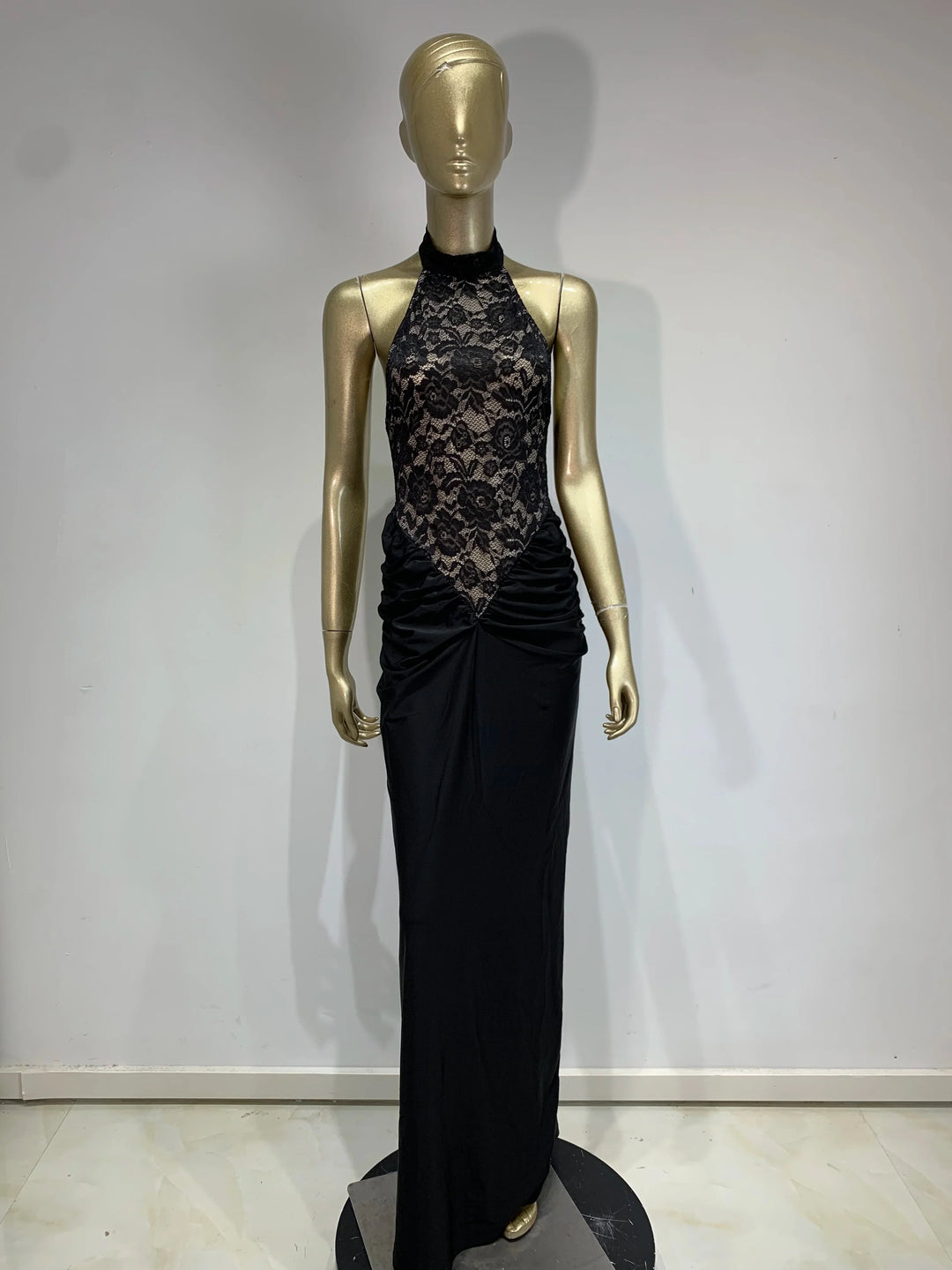 Maxi Dress with Ruching, Collar Cut, Opaque Lace Design, and Open Back - Elliana