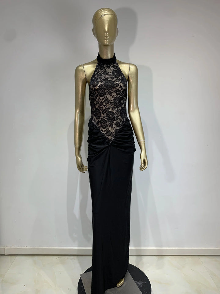 Maxi Dress with Ruching, Collar Cut, Opaque Lace Design, and Open Back - Elliana