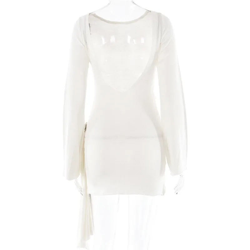 Knitted mini dress with flower and train design and open back - Malia