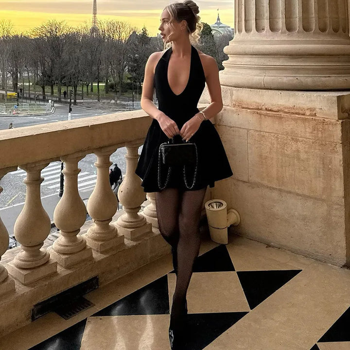 Fitted A-line Mini Dress with V-Neck Collar - Marlowe