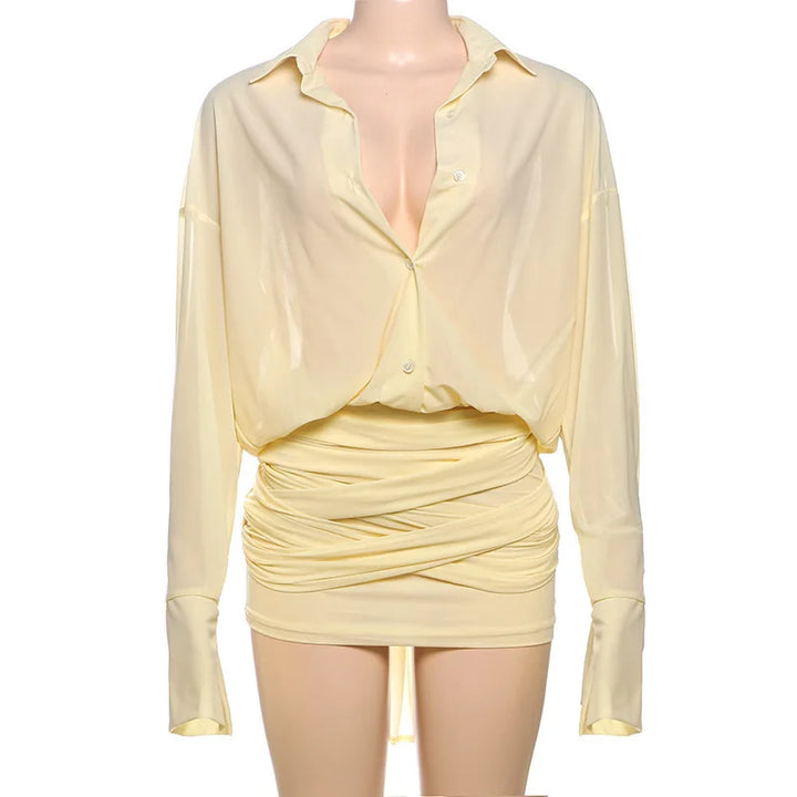 Chiffon Mini Dress with Pleated Design and Button Closure - Arabella
