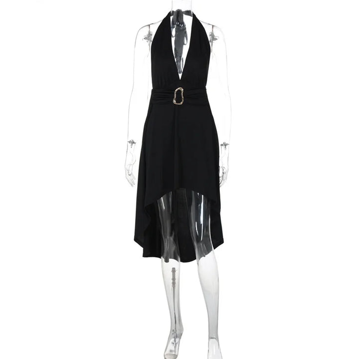 שמלת מידי אסימטרית קשירה בצוואר גב פתוח בעיטור אבזם - ליאון