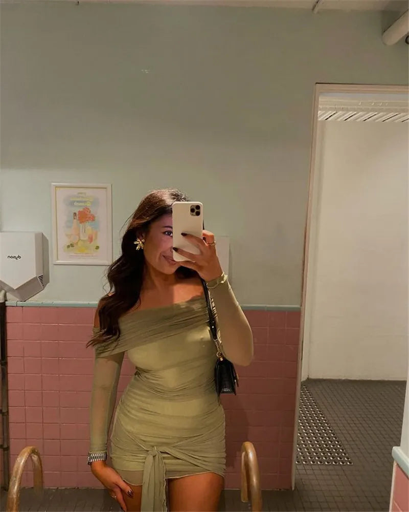 Chiffon mini dress with off-shoulder tie design - CAMI