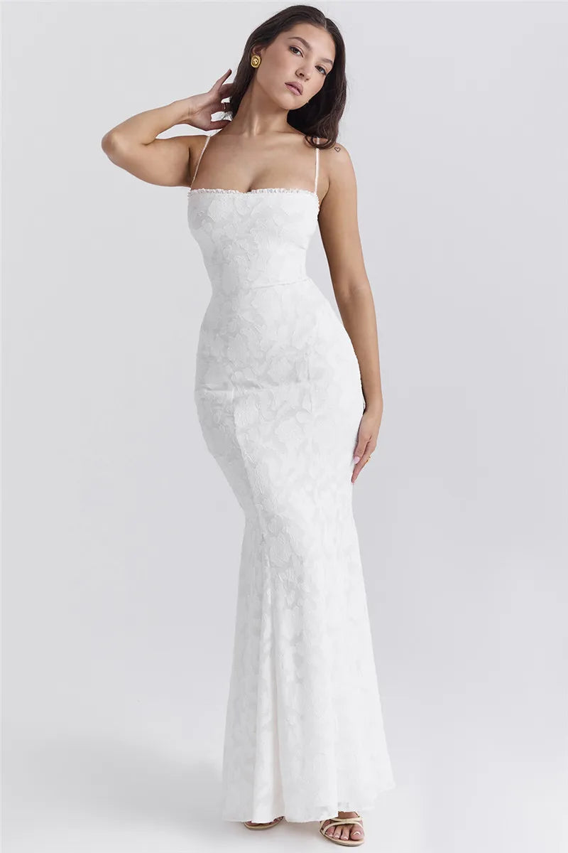 Chiffon Maxi Dress with Leaf Embroidery and Back Tie Design - BLANCA