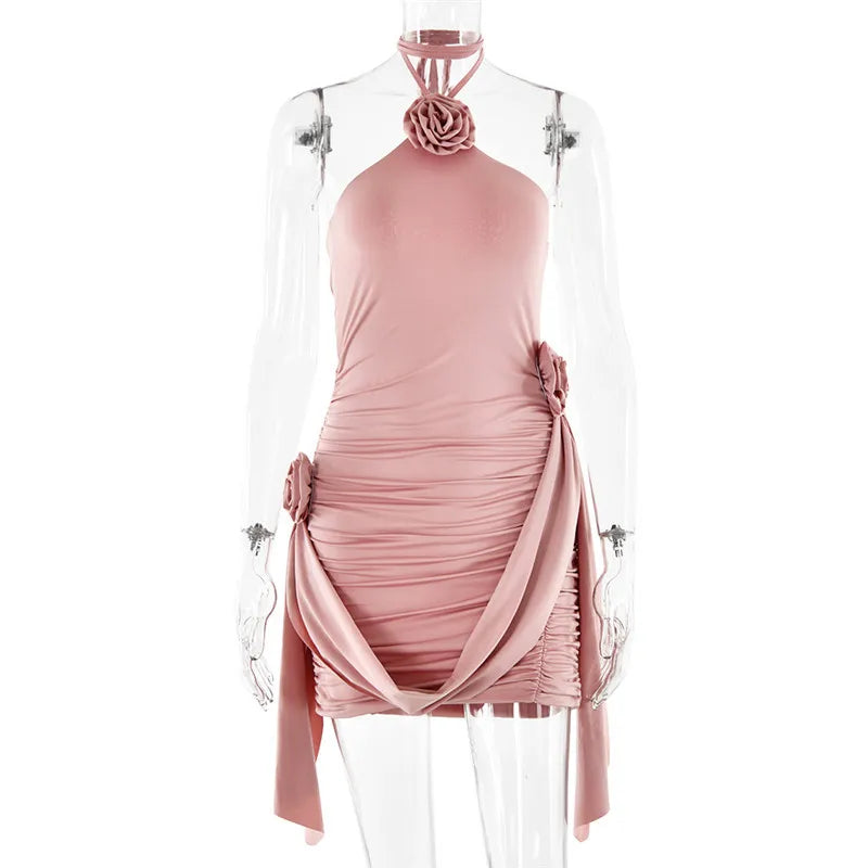 Ruched mini dress with neck tie and floral appliqué - Jasmina