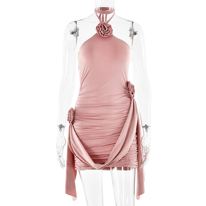 Ruched mini dress with neck tie and floral appliqué - Jasmina