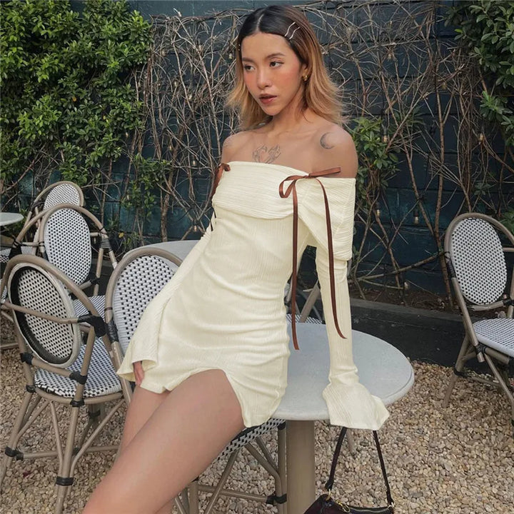 Knitted mini dress with off-shoulder and bow ribbon decoration - Yanga