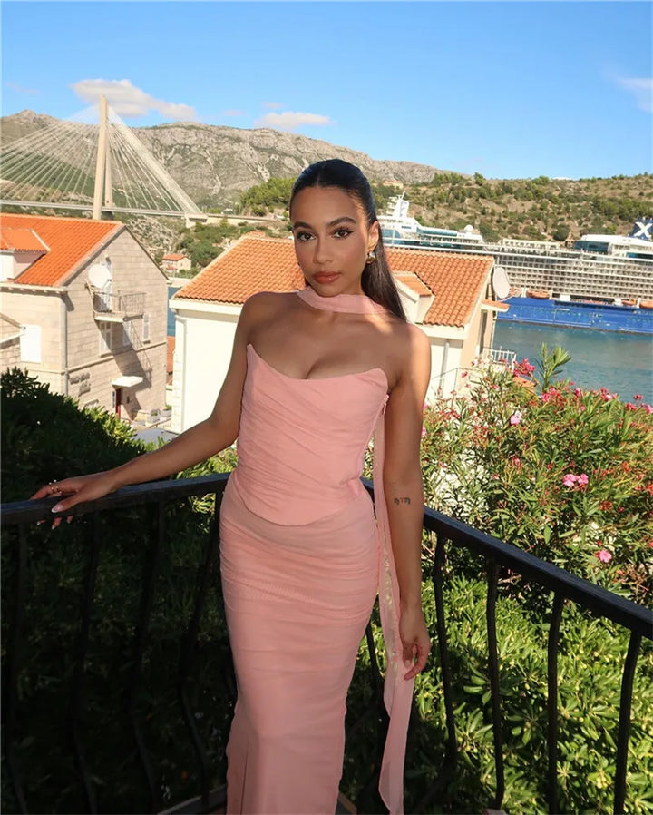 Two-Piece Set with Strapless Top and Maxi Skirt with Matching Scarf Detail - Francia