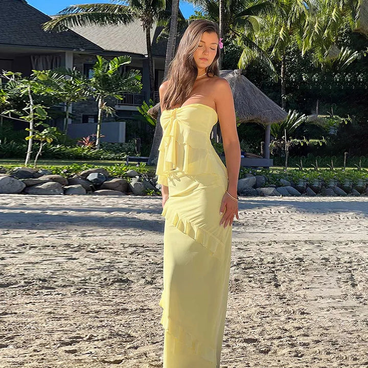 Two-Piece Set with Strapless Top and Maxi Skirt with Ruffle Detail - Sunny