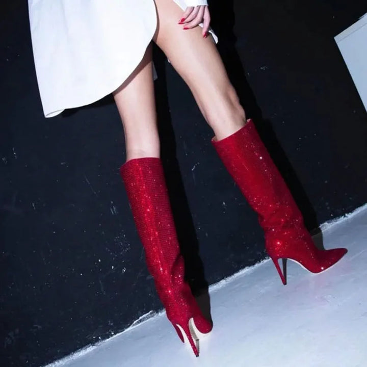 High Pointed Heel Boots with Sparkling Rhinestone Design - Josie