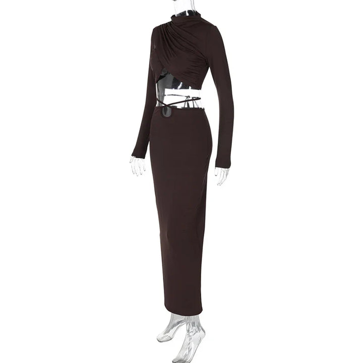 Two-piece set cross turtleneck top and maxi skirt with cross design at waist - Morena