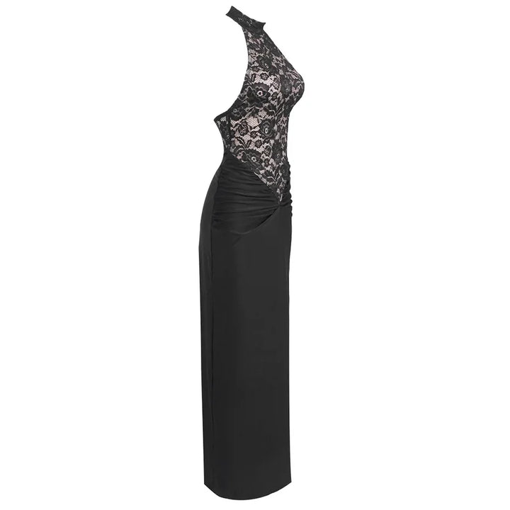 Maxi Dress with Ruching, Collar Cut, Opaque Lace Design, and Open Back - Elliana