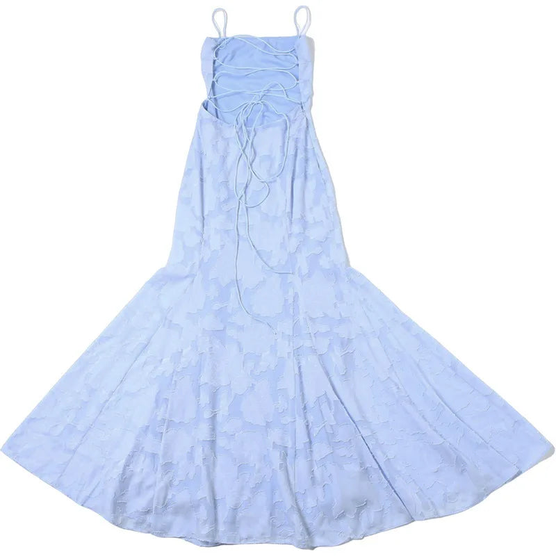 Maxi Chiffon Dress with Leaf Embroidery, Back Tie for Waist Fit - Mona Liz