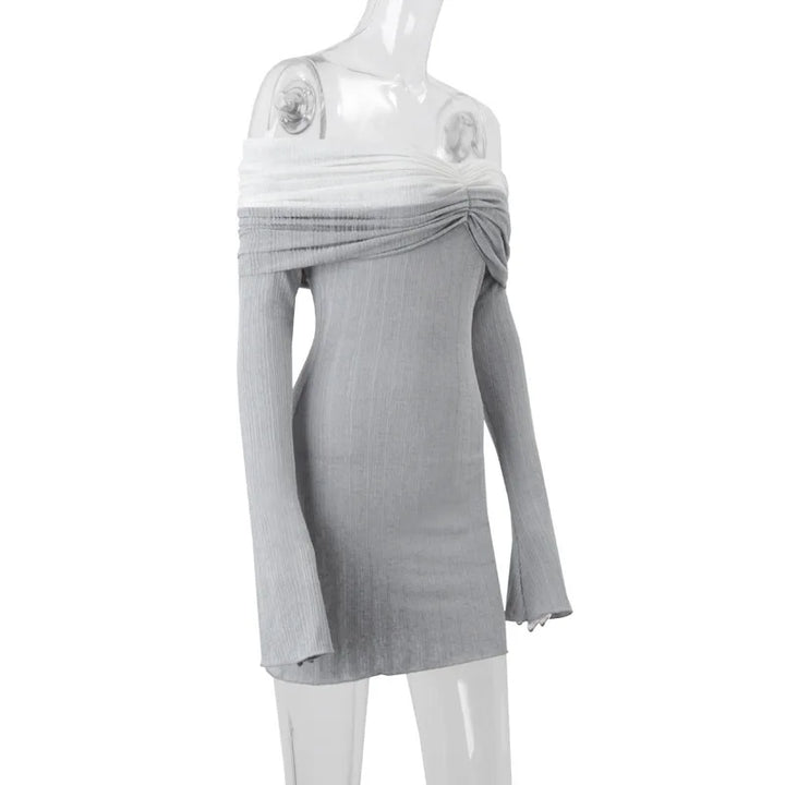 Knitted mini dress with off-shoulder ruching and bell sleeves - Belle