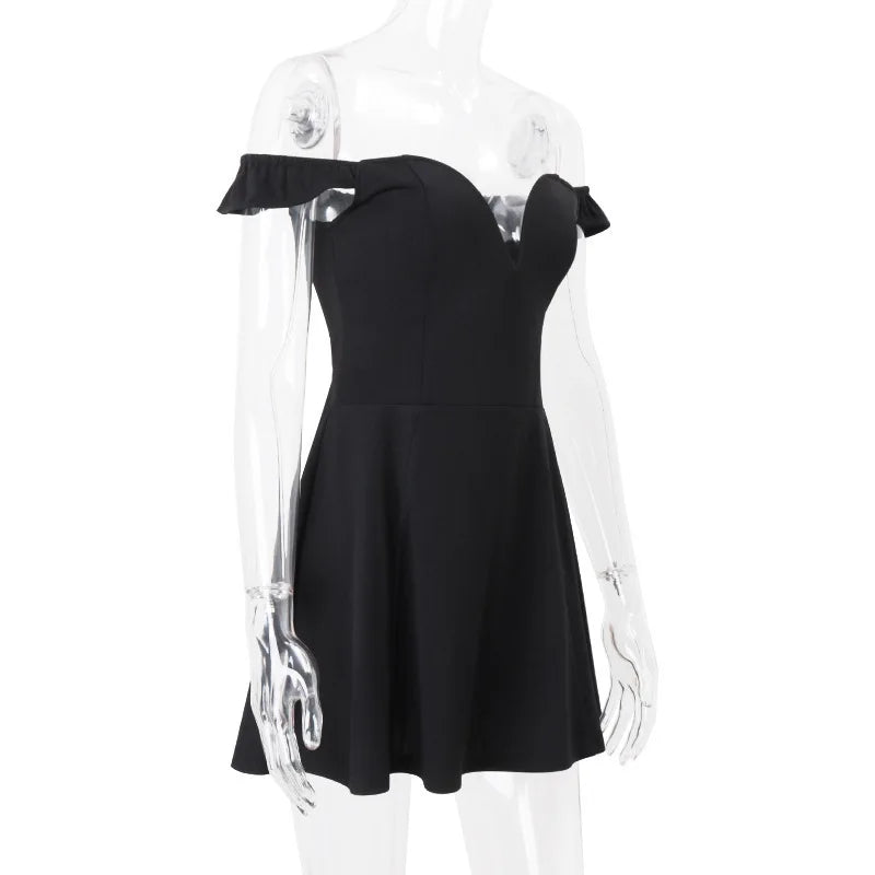 Mini A-line dress with off-shoulder V-neck - AMOR