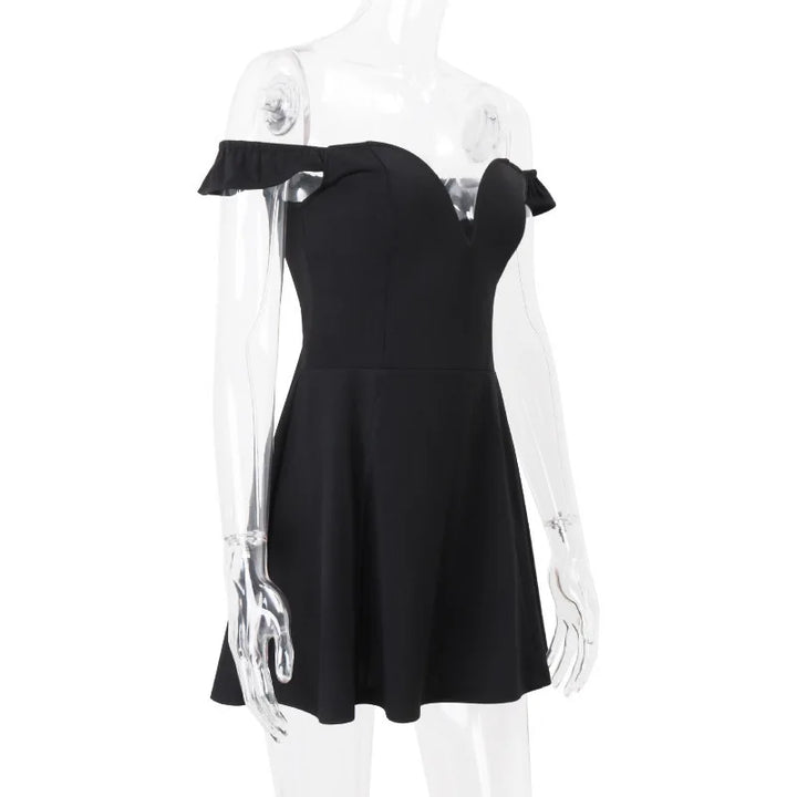 Mini A-line dress with off-shoulder V-neck - AMOR