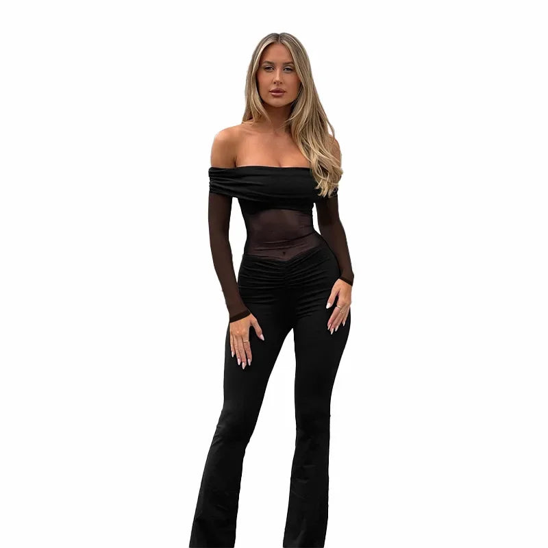 Shaping fabric jumpsuit with mesh design and off-shoulder pedal pants - Maya Lee