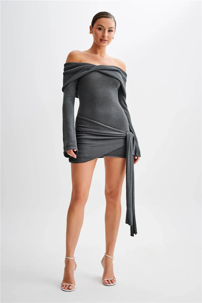 Knitted mini dress with off-shoulder tie design - Karin