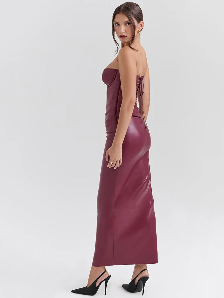 Strapless faux leather maxi dress with ruching and slit design - Marian