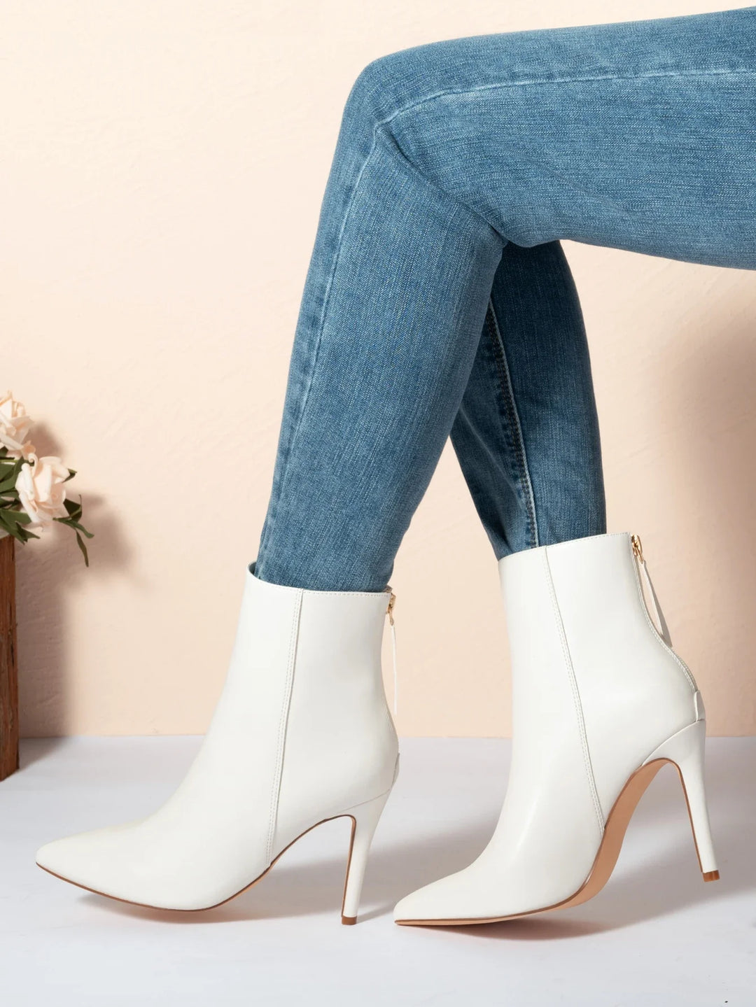 Faux Leather Pointed Heel Boots - Tali