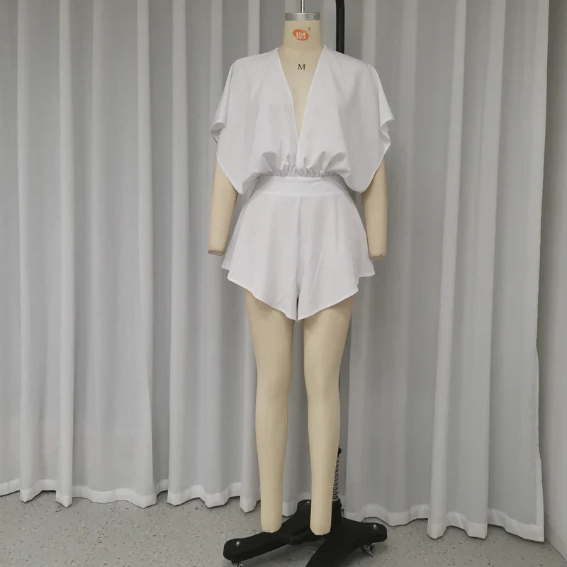 Short Satin Jumpsuit with Deep V-Neck Mini Dress Design - Esti