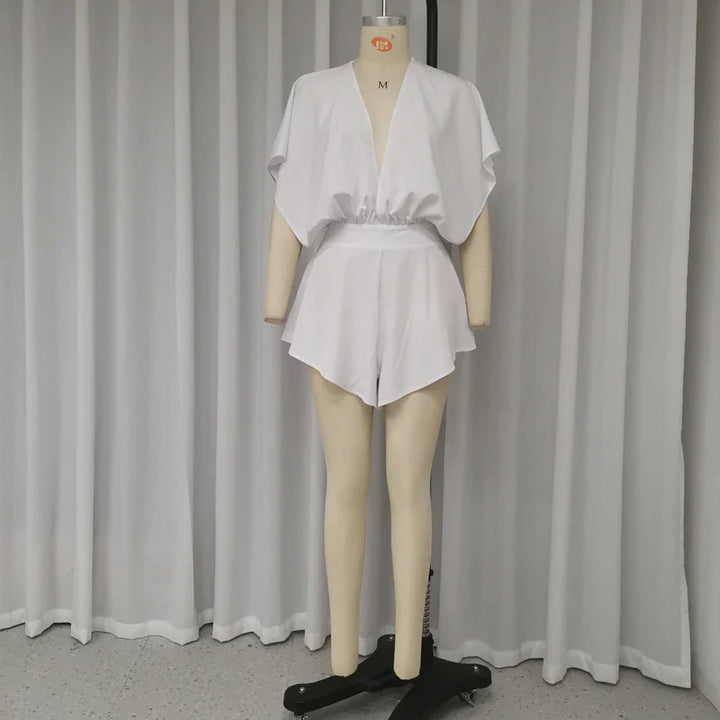 Short Satin Jumpsuit with Deep V-Neck Mini Dress Design - Esti