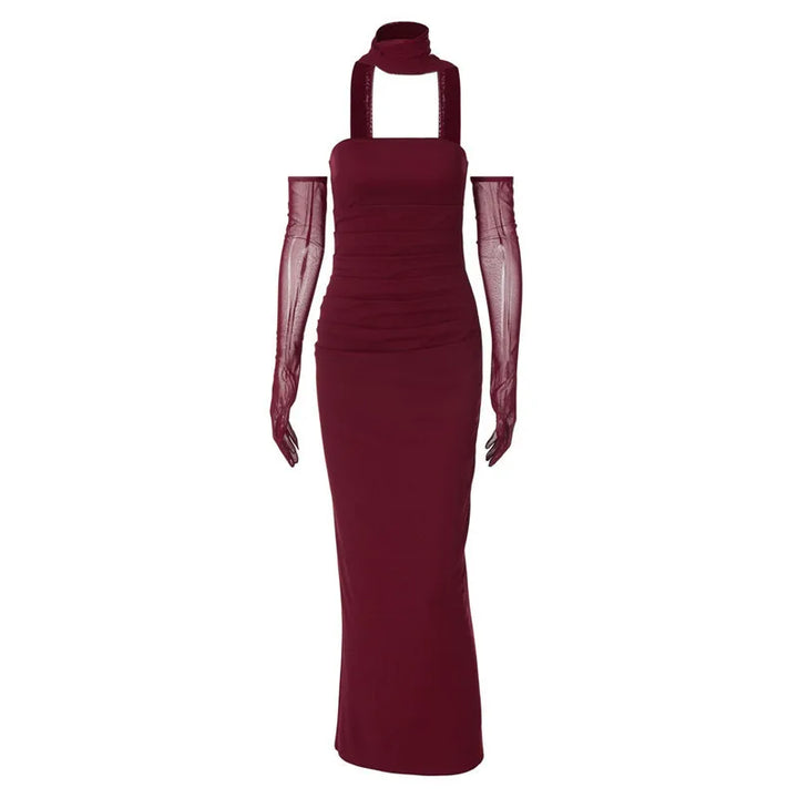 Maxi strapless dress with glove and chiffon scarf decoration - Annabel
