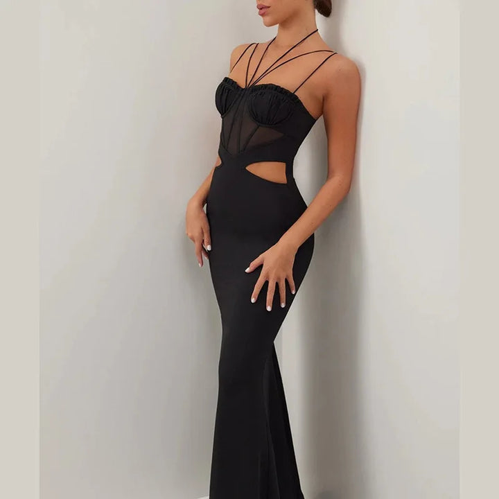 Maxi Evening Dress with Cutouts, Shirring, and Ties - Erica