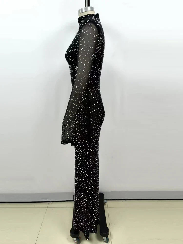 Luxurious Evening Maxi Dress with Sparkling Diamond Embellishment and Turtleneck Collar - Emerson