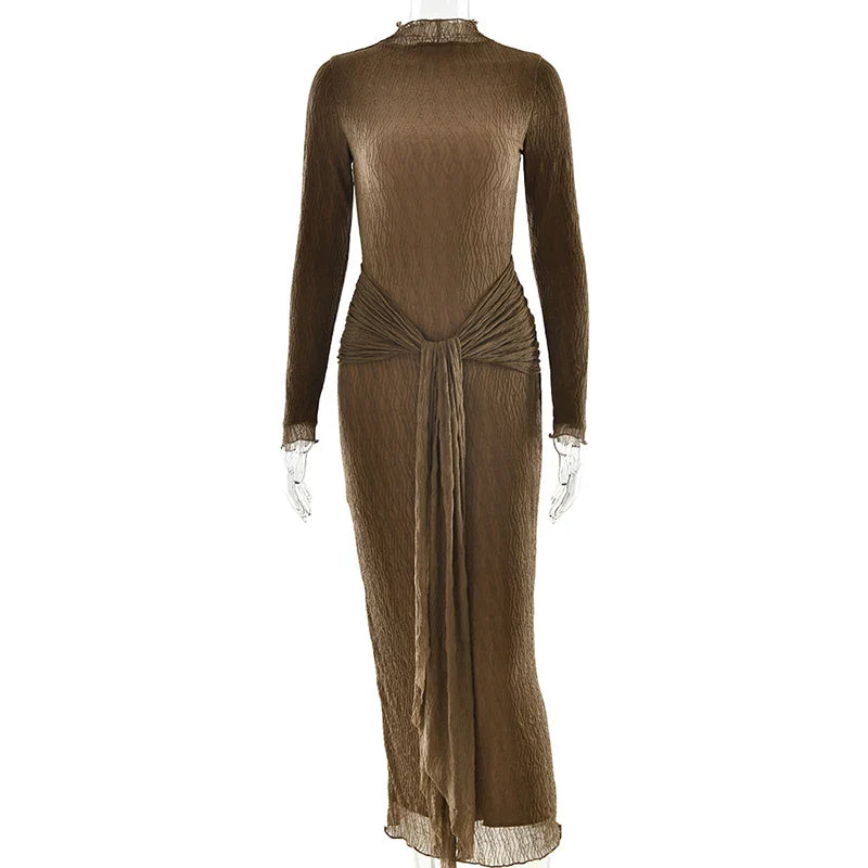 Maxi dress with ruching, tie decoration, and turtleneck collar - Halsey