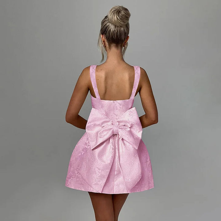 Mini dress with floral illustration print and bow detail on the back - Louisa