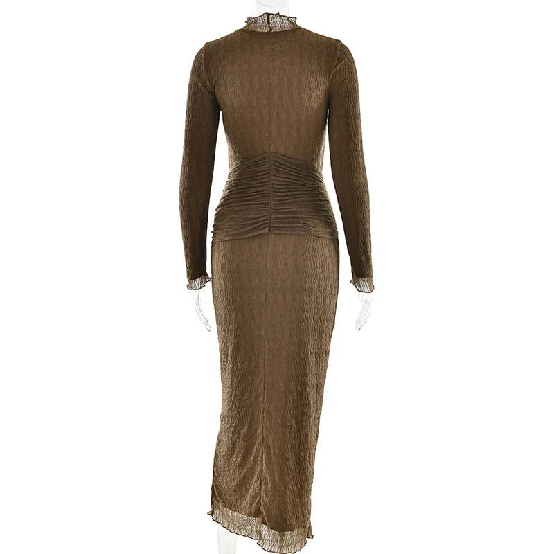 Maxi dress with ruching, tie decoration, and turtleneck collar - Halsey