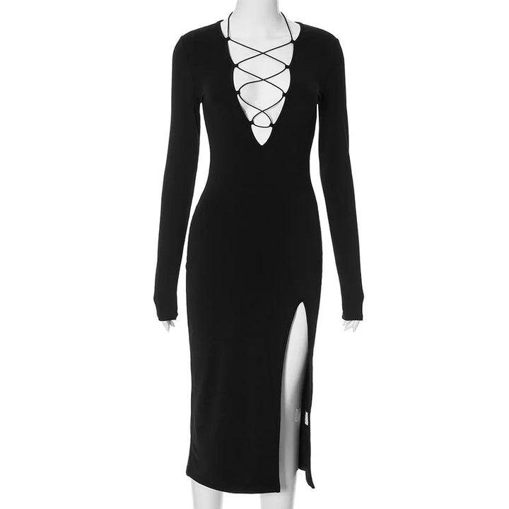 Fitted midi dress with deep neckline, ties, and slit - Shakira