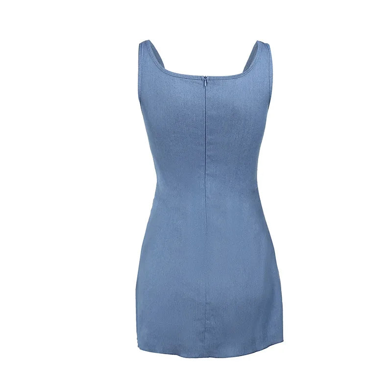 Denim mini dress with corset design and flower detail - Priel