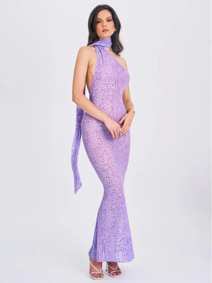 Leopard Print Mesh Maxi Dress with Open Back and Neck Tie - Jessica