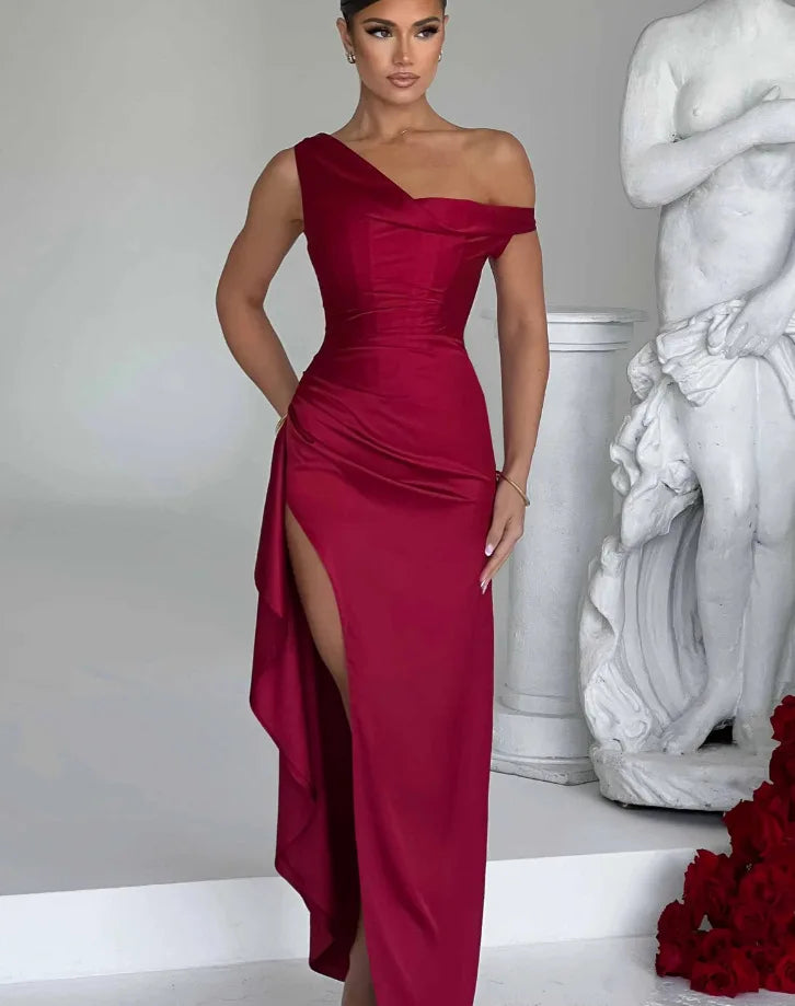 Satin Maxi Dress with Slit and One Shoulder Design - Emiliana
