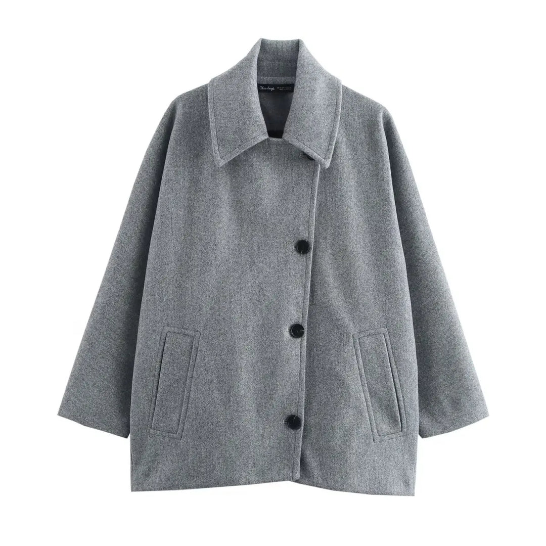 Oversized Wool Coat with Asymmetric Button Closure and Polo Collar - Hollandia