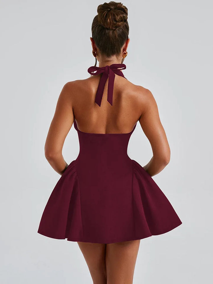 Mini A-line dress with V-neck and neck tie - Yolanda