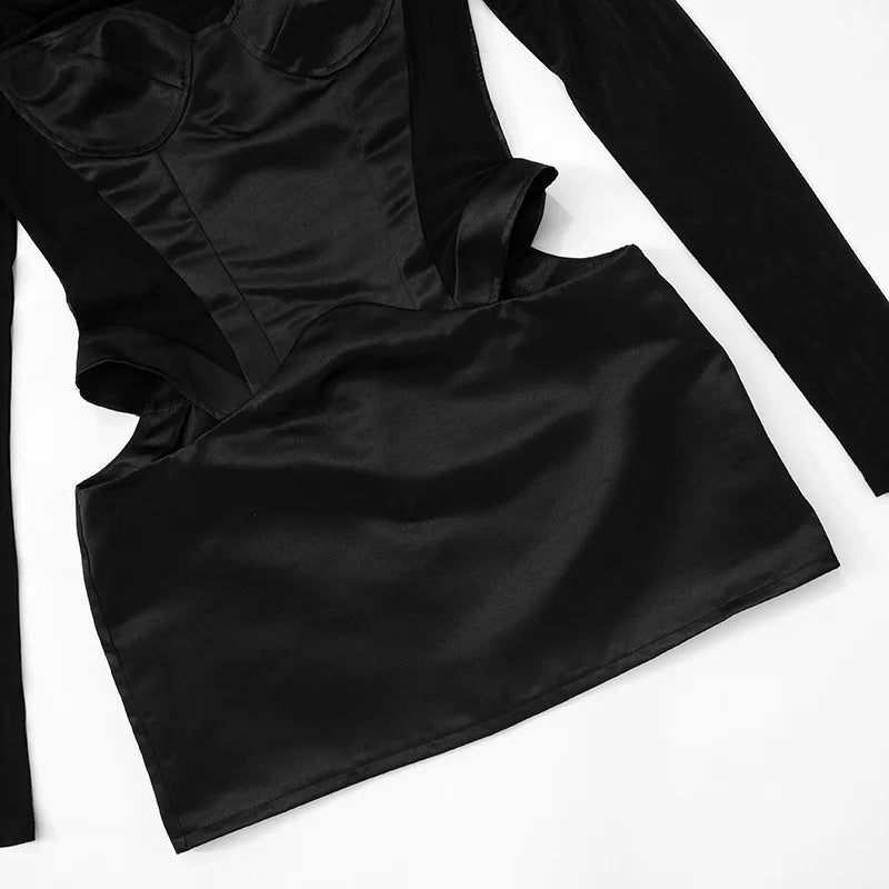 Turtleneck Satin Mini Dress with Mesh Corset and Cutouts - DIANA