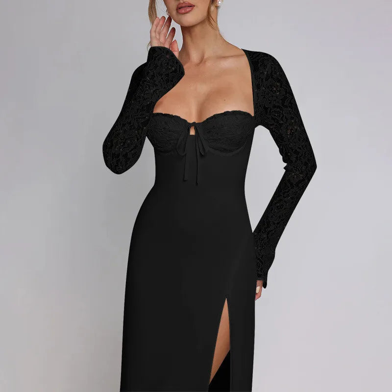 Maxi Dress with Slit and Lace Sleeves - Clarissa